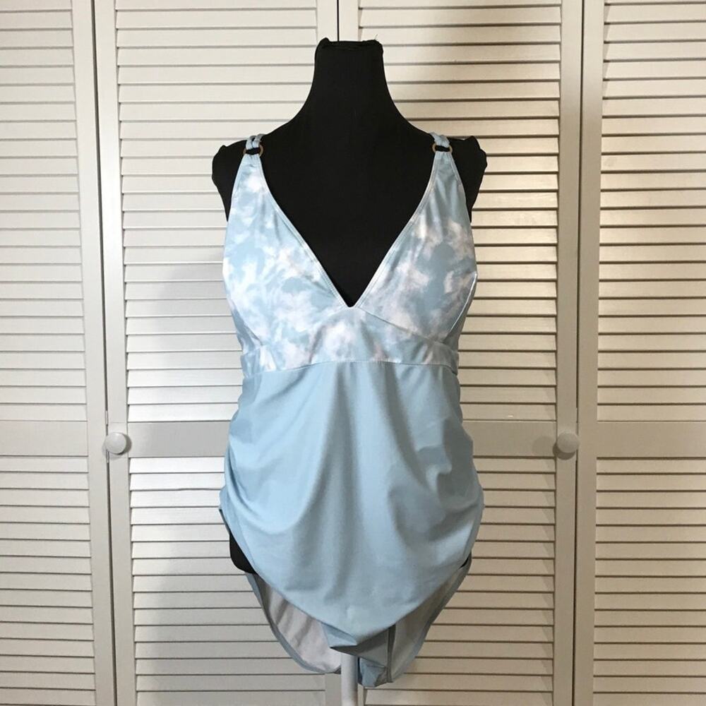 Shein Light Blue White Cloud Tie Dye Criss Cross Straps One Piece Swimsuit 4XL